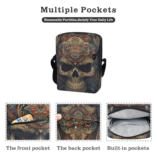 Crossbody Sling Bag for Women Men, Zipper Closure Messenger Bags Aztec Skull Print with Card Phone Passport Compartment 6.6×9.4×2.5 IN2
