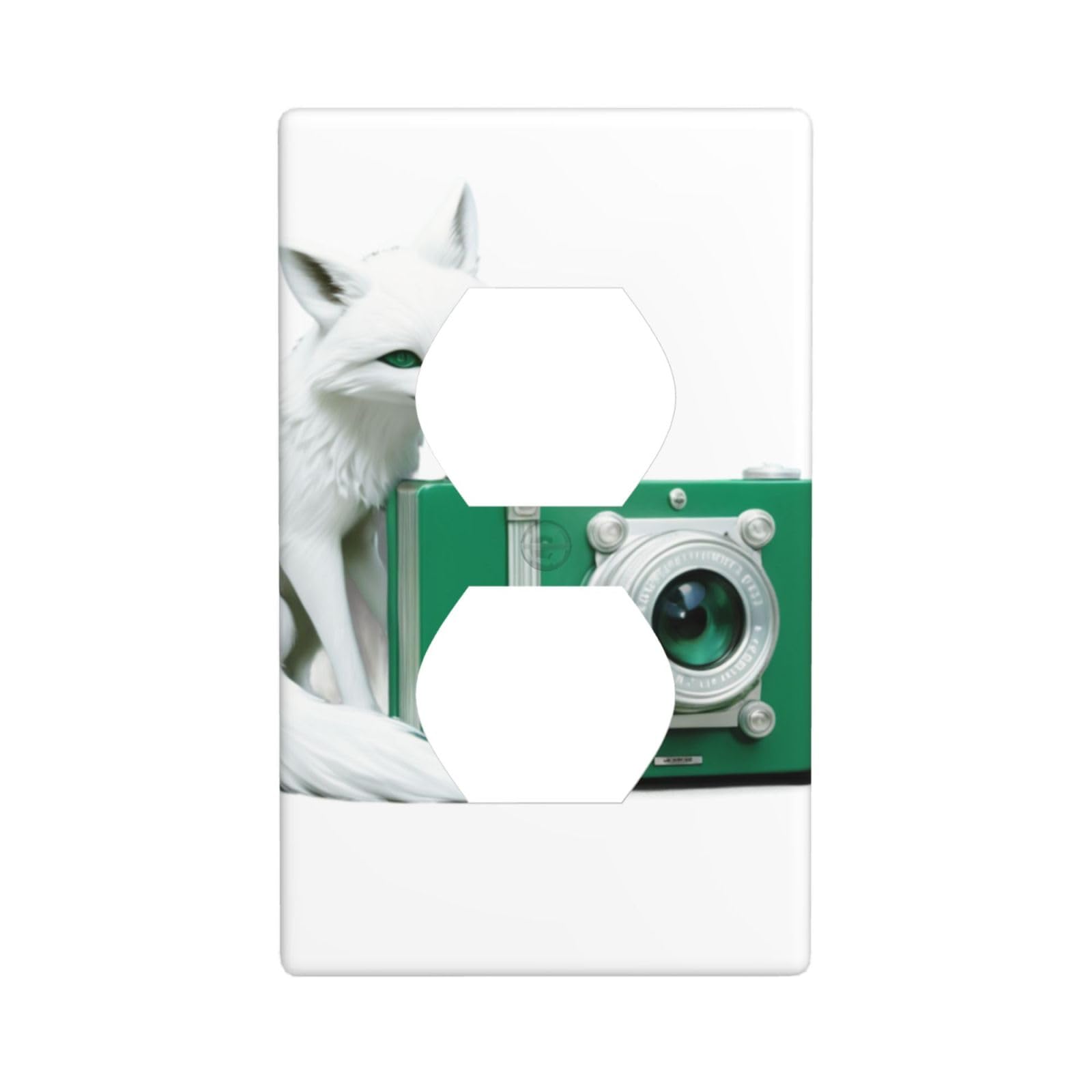 White Fox Next to Green Camera Prints Double Socket Wall Panel Decorative is Durable and Suitable for Socket Light Switch Accessories 4.5x2.76in