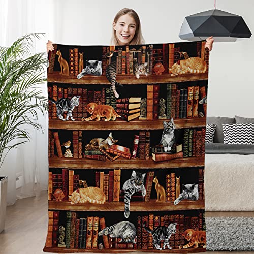Blessliving Vintage Kitten Flannel Blanket Cat In The Bookshelf Throw Blanket Librarian Book Lover Gifts Fleece Blankets For Bed Couch Sofa 30"X40" #TOP16