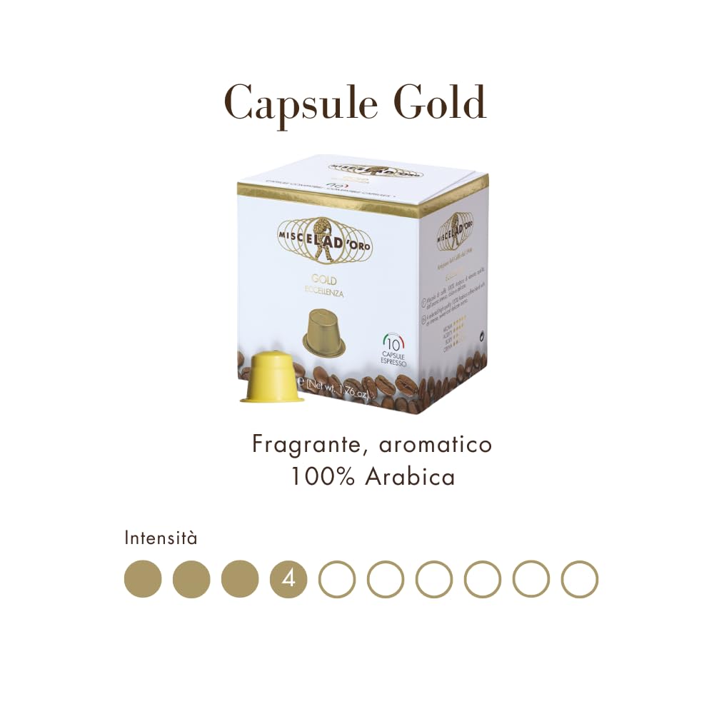 Miscela d'Oro GOLD - Capsule Compatibili Nespresso®* - 100% Arabica - 10 confezioni da 10 capsule (totale 100 Capsule) - Caffè aromatico