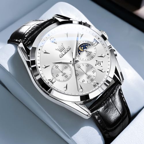 Image of OLEVS Men's Leather Analog Quartz Watch - Luxury Chronograph Wristwatch with Date, Waterproof, Luminous - Dress Style