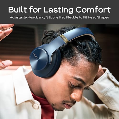 Image of DOQAUS Bluetooth Headphones Over Ear, 52 Hours Playtime Wireless With 3 EQ Modes, HiFi Stereo With Microphone and Soft Protein Earpads for Cellphone /TV /PC /Home Office (Navy Blue)