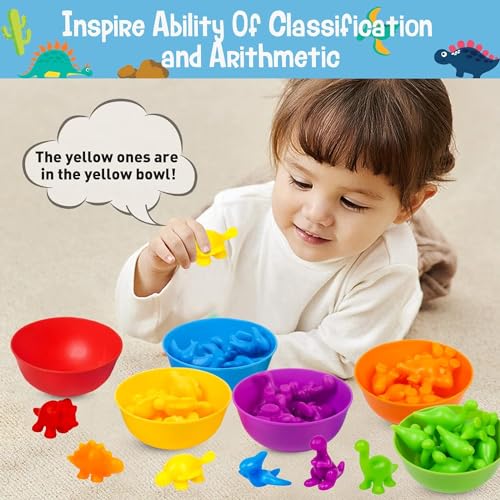 Image of Counting Dinosaurs Game Color Sorting Toys with Bowls Montessori STEM Sensory Training Early Educational Preschool Learning Toy Gift for Toddlers Kids Ages 3 4 5 6 (Dinosaurs)