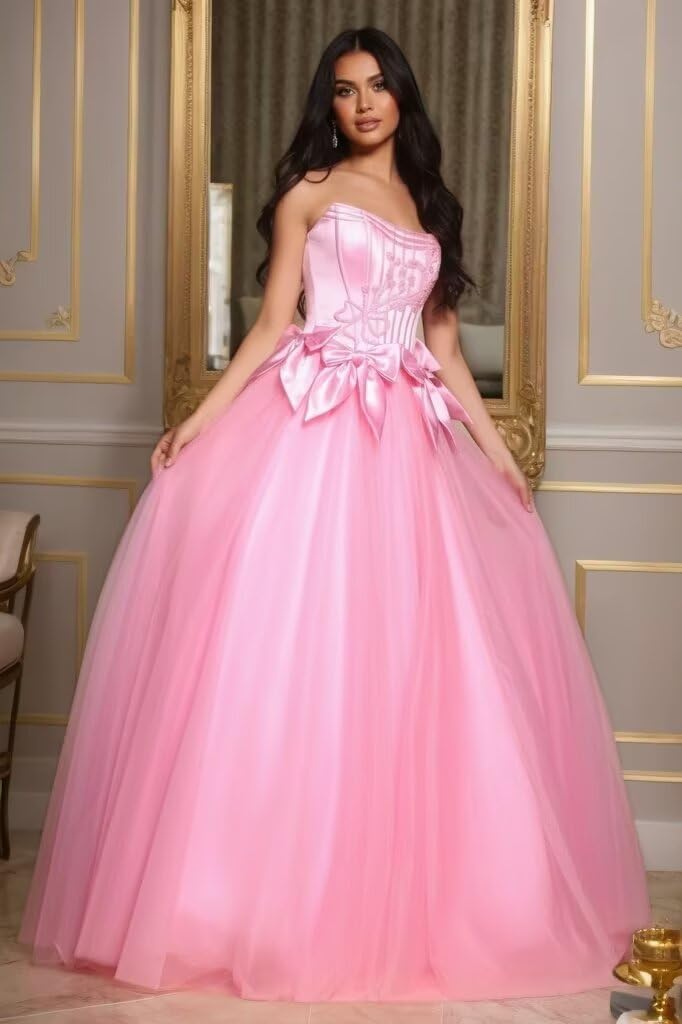 Strapless Prom Dresses for Women Formal Bow Ball Gown Homecoming Dresses for Teens