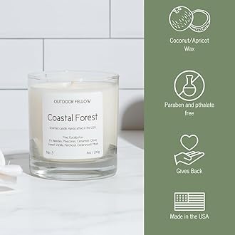 Outdoor Fellow Coastal Forest Scented Candle, 8oz, Coconut & Apricot Wax Blend, Pine, Eucalyptus, Cedarwood, Reusable Glass, 40-50 Hour Burn Time