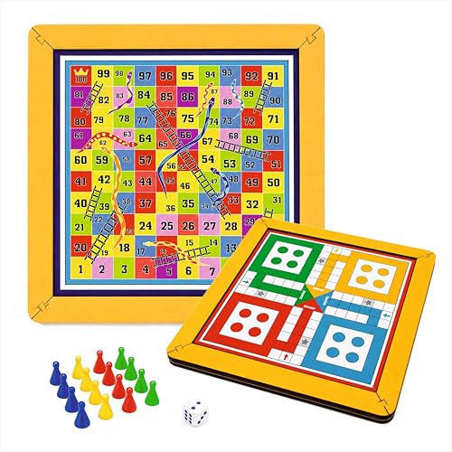 Image of 2 in 1 Wooden Board Game | Ludo & Snakes and Ladders | Reversible Wooden Game Board | 24 x 24 cm | Family & Kids Board Game