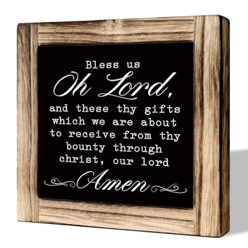 Bless Us Oh Lord Signs, Catholic Prayer Signs, Kitchen Sign, Rustic Wooden Tabletop Decor Sign, Christian Decorations for Home, Dining Room Decor, Kitchen Decorations for Shelf