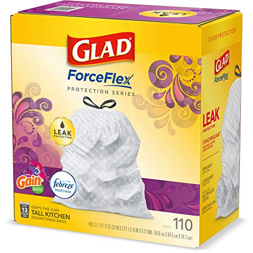 Glad Protection Series ForceFlex Tall Kitchen Drawstring Trash Bags – 13 Gallon White Trash Bag, Gain Moonlight Breeze Scent with Febreze Freshness – (Package May Vary) 110 Count