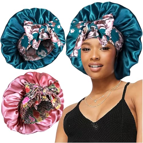 2pcs Large Silky Bonnets with tie Band Braid Bonnet, Satin Bonnet for Sleeping Curly Hair, H