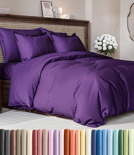 Image of Duvet Cover Full Size Set - Extra Soft Full Duvet Cover 80 inch x 90 inch with 2 Pillow Shams for Women, Men, Kids & Teens - Hotel Luxury, Easy-Care w / Zipper Closures & Ties - Comfy and Breathable (Purple)