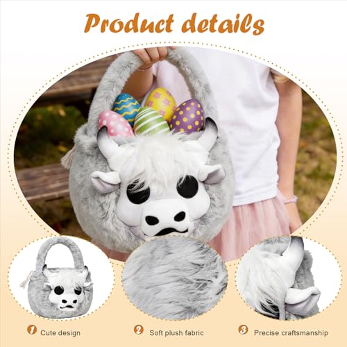 Image of Easter Basket, Soft skeleton Cow Plush Baskets, Easter Egg Hunt Buckets, Easter Decorations Indoor Outdoor, Cute Easter Gifts for Kids, Adults, Teens, Toddlers, Girls
