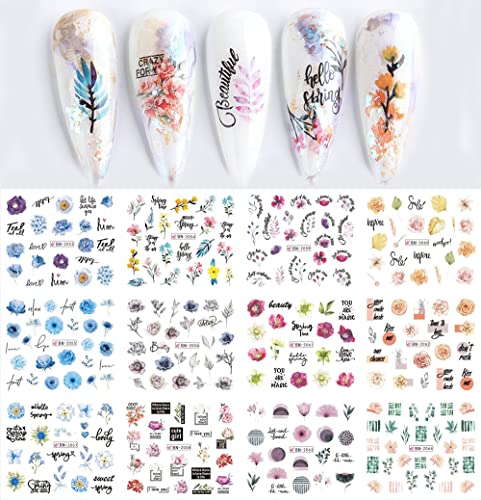 S.A.V.I 12 Sheets Water Transfer, Nail Fashion Sticker Decal, Flower Leaf DIY Manicure For Women
