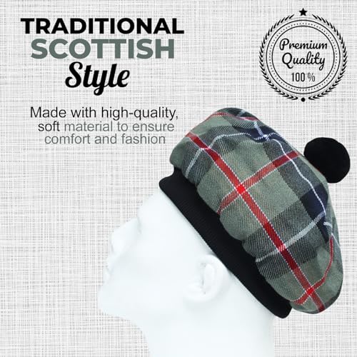 Image of Scottish Tam O' Shanter Hat Tartan Bonnet Pom Pom Wool Flat Cap One Size