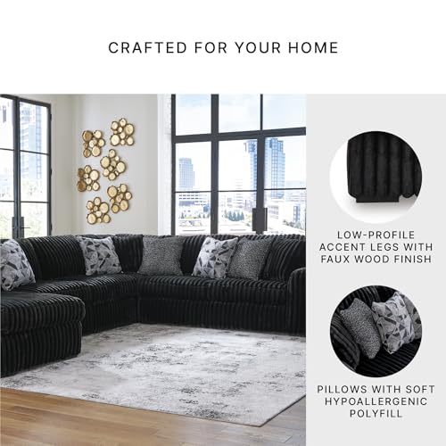 Image of Signature Design by Ashley 6-Piece U-Shape Sectional with Chaise, Black | Jumbo corduroy 100% polyester fabric, Platform foundation system, Living room use, 9 toss pillows, Midnight-Madness Series
