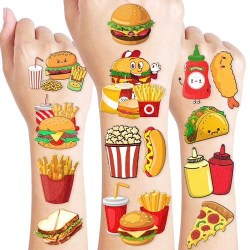 96PCS Junk Food Temporary Tattoos – Fast Food Theme Birthday Party Favors, Fried Food Stickers with Hot Dog Chicken Popcorn for Kids, School Gifts, Supplies, Prizes, Rewards