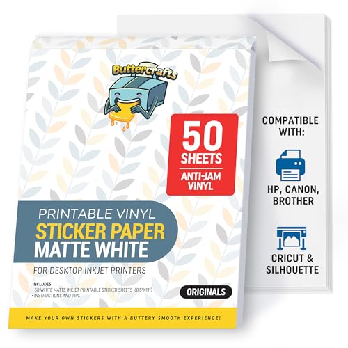 Image of Matte Printable Vinyl Sticker Paper Waterproof 50 Sheets 8.5 inchx11 inch, Inkjet Printer (HP, Canon, Brother Printers Compatible) - Weatherproof White Sticker Sheets - Strong Adhesive