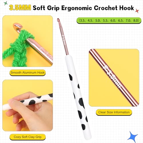 Image of Katech Ergonomic Crochet Hook, Aluminum Soft Grip Crochet Hooks for Beginners and Arthritic Hands, Soft Clay Crochet Needle with Cow Motif and Bead Chain-Ideal Gift for Crocheter (3.5mm)
