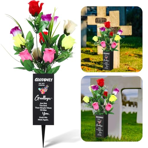 Quzzil 1 Set 3 Pcs Cemetery Vases for Grave Metal Memorial Grave Vase with Artificial Flowers and Foam Flower Holder Decorations with Thoughtful Words for Lawn Yard Outdoor(General)