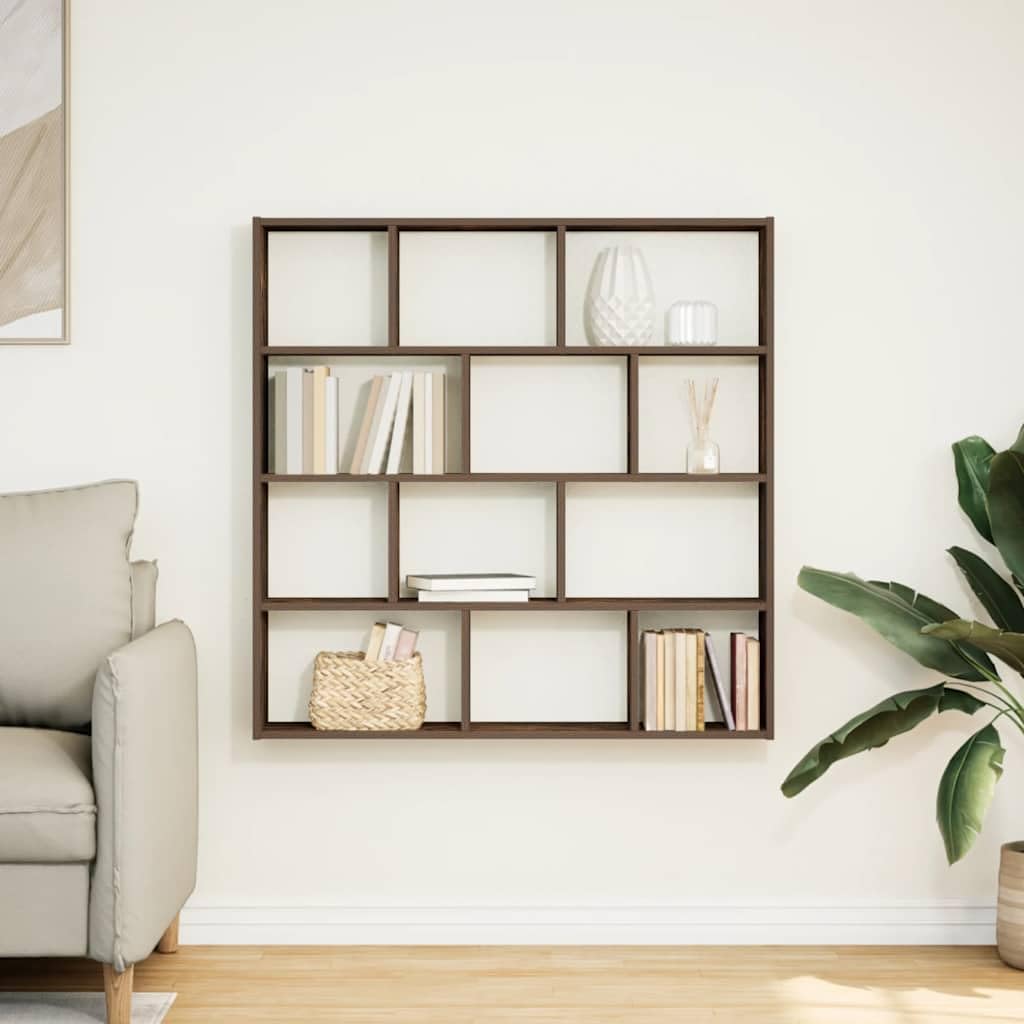 Estantería de pared en forma de cubo, roble ahumado, 12 compartimentos, 100 x 18 x 100 cm, espacio de almacenamiento versátil para salón, dormitorio
