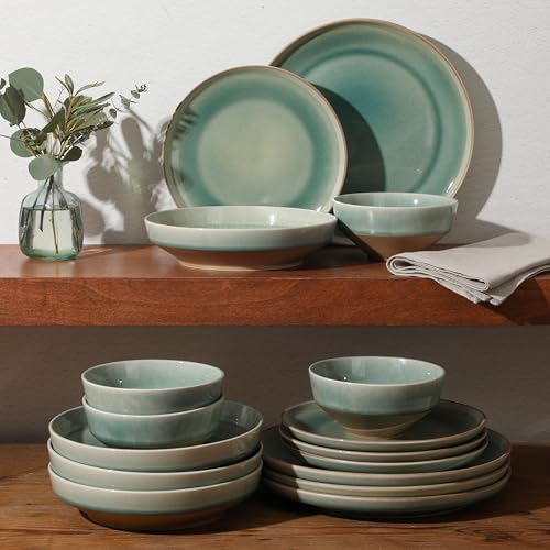 Image of Gibson Elite Hailstone 16 Piece Stoneware Reactive Glaze (Service for 4) Ceramic Plates and Bowls Dinnerware Set - Tropical Green