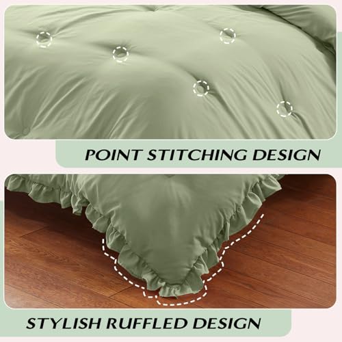 Image of HARBOREST Comforter Set Green - Fluffy Queen Ruffle Comforter Set for All Seasons, 3 Pieces Shabby Chic Bedding, Comforter and 2 Pillow Shams