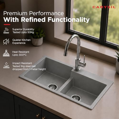 Image of Carysil TIP TOE DB ULTRA Quartz Kitchen Sink 34 x 20 x 8 inches, Single Bowl with Drain Board, 80% Quartz & 20% Resin, Heat Resistant 300C, 50kg Load, Scratch Resistant Granite Sink - Arena