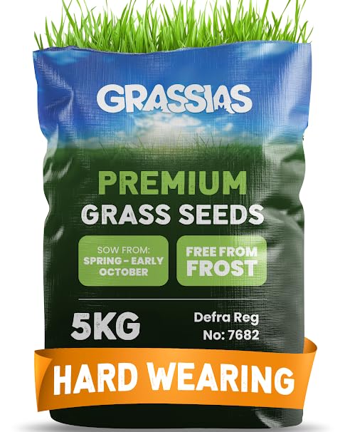Grassias Premium Hard Wearing Grass Seed – 5KG Premium Quality Lawn Seed for Overseeding & New Lawns – Pet Friendly - Perfect Grass Seeds for UK Lawns - Defra Approved Lawn Seeds