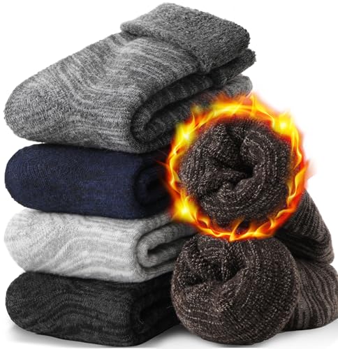 Image of EBMORE 5 Pairs Women Merino Wool Boot Socks Warm Thermal Winter Thick Hiking Cozy Cabin Crew Comfy Socks for Ladies