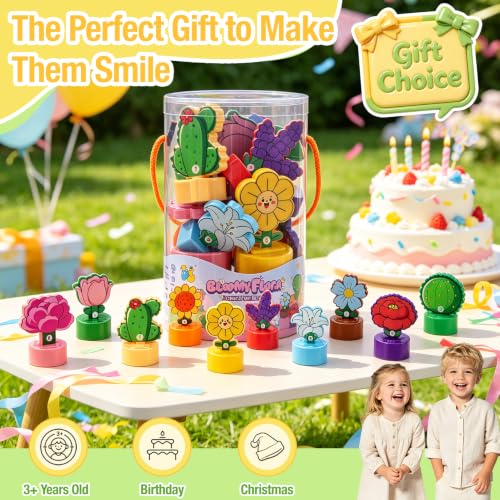 Image of TSYAN Montessori STEM Toys Gift for Toddlers, Bloomy Flora Shape Color Number Sorting Matching Game, Educational Fine Motor Skills Learning Flower Blocks with Storage Tube for Boys Girls 2-4 Year Old