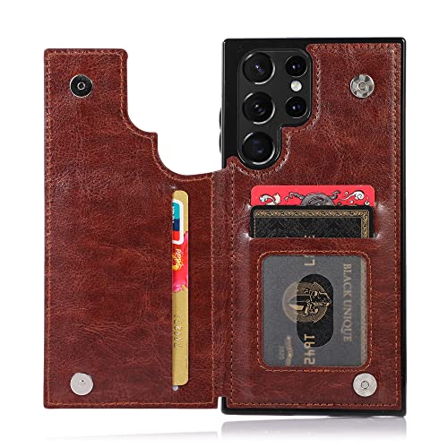Étui Samsung S22 Ultra aspect cuir premium marron foncé avec finitions magnétiques soignées