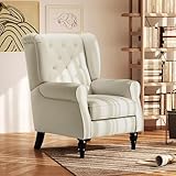 HOMCOM Mid-Century Modern Accent Chair, High Wingback Reading Chair, Button-Tufted Upholstered Fabric Armchair with Retro Wood Legs for Apartment, Living Room, Bedroom, Cream White
