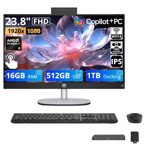 Image of HP 23.8 inch FHD Touchscreen All-in-One Desktop AI PC, AMD Ryzen AI 5 340, 16GB DDR5, 1.5TB Storage (512GB SSD+1TB Docking Station), FHD IR Camera, Wi-Fi 6, Wireless Keyboard & Mouse, Win 11, Black