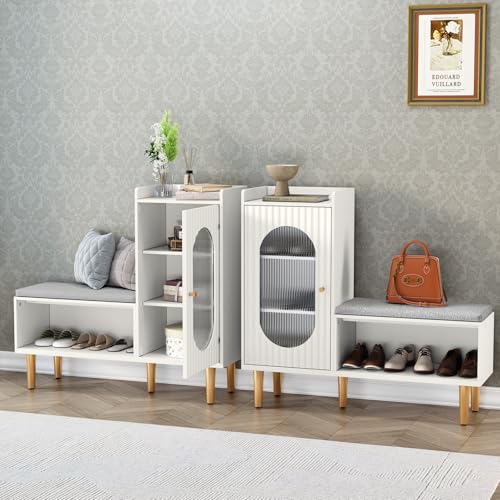Image of HLR Storage Bench Set of 2, White Modern Entryway Shoe Cabinet Bench with Glass Door&Shelf, L-Shaped Storage Cabinet with Padded Seat for Hallway, Bedroom, Living Room, Office