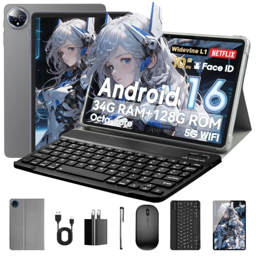 Tablet 10 Zoll, Android 16 Tablet mit Hülle, Maus & Tastatur, Octa-Core, 34 GB RAM + 128 GB ROM + 1 TB TF, 1280x800 HD IPS-Display… – Ansicht 1