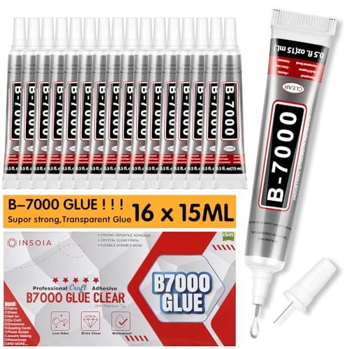 16 PCS 15ml B7000 Rhinestone Glue Clear Super Glues for Bedazzling with Precision Tip Quick Dry No Trace Flexible Adhesive for Jewelry Making Nail Art Fabric Shoe DIY Craft & Phone Repair
