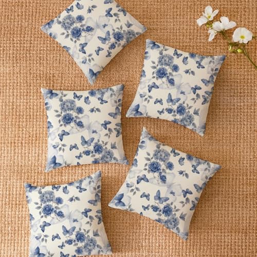 Image of Jaipur Weaves Cushion Cover 16 Inch X 16 Inch - Set of 5, Butterfly Print 180 GSM Decorative Soft Cushion Covers for Sofa /Bed /Chair, Gift for Home Decor (Blue Butterfly, 5)