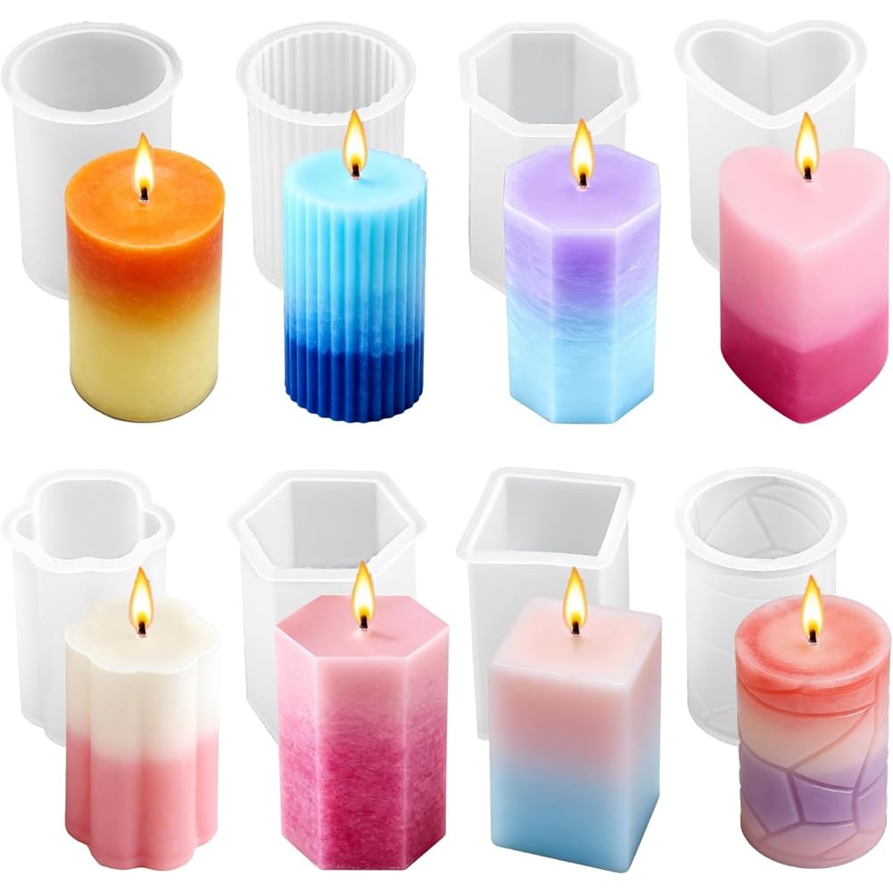 Hndhbfgrt 8PCS Reusable Silicone Candle Molds Set - for DIY Candle Making, Soap, Resin Crafts, Easy Release Candle Making Kit