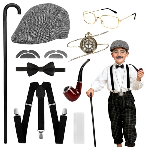 Déguisement Vieil Homme pour Enfants Accessoires de Costume Grand-Père Casquette Plate Garçon Montre Gousset Bretelles Noeud Papillon Canne Lunettes Pipe moustache pour Carnaval Halloween Cosplay
