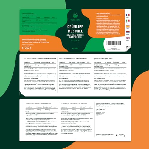 Grünlippmuschel - 450 Kapseln - 50% mehr Inhalt - Hochdosiert: 2000mg pro Tagesdosis - Ohne jegliche Zusatzstoffe - Kultiviert in Neuseeland - Deutsche Produktion - TRUE NATURE®