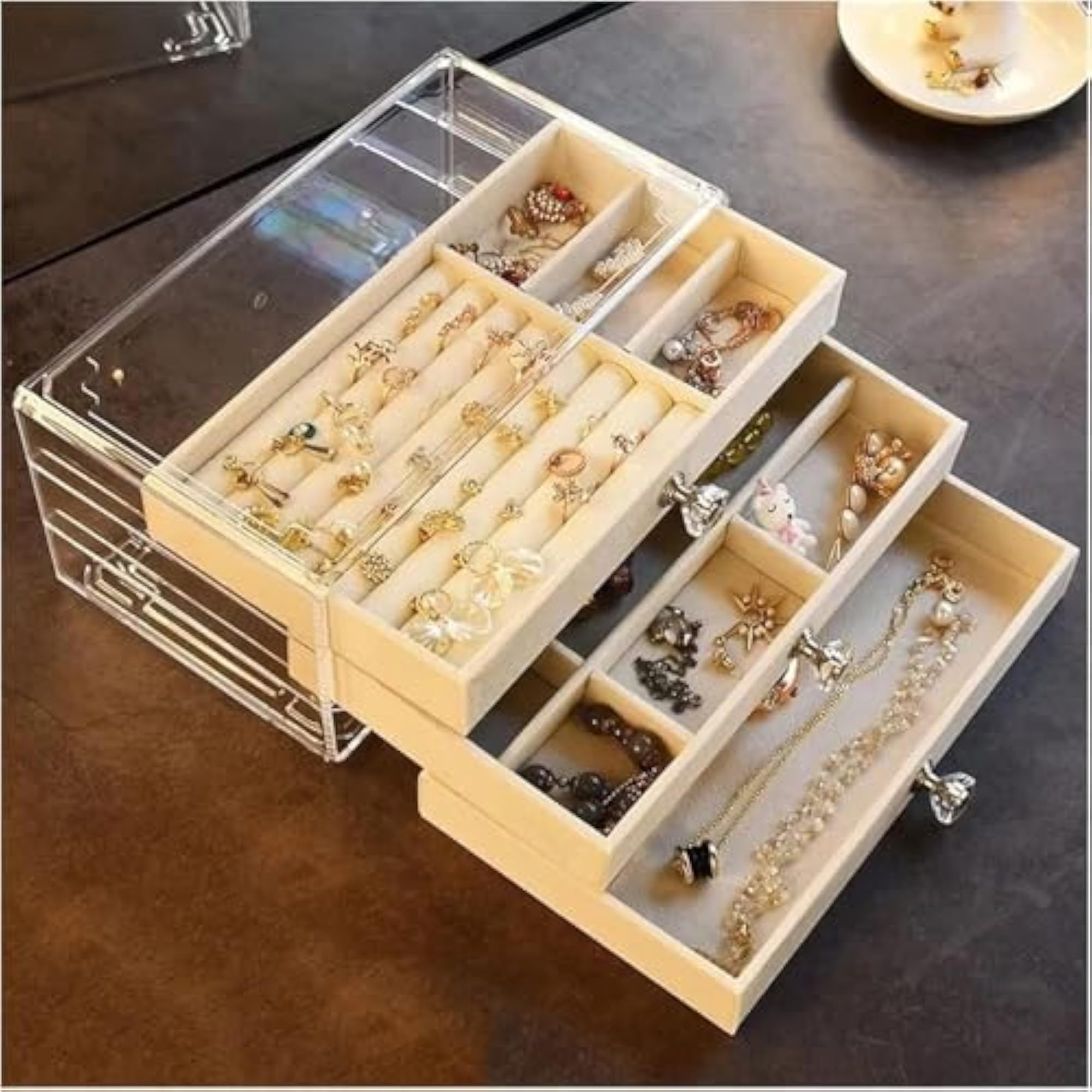 3-Layer Velvet Jewelry Box Organizer