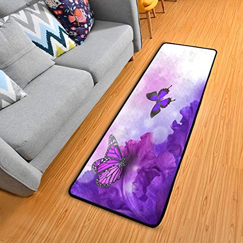 Butterfly Purple Flowers Kitchen Rugs Runner Rug 2' X 6' Bathroom Carpets Non-Slip Soft Doormats Bath Carpet Runner Area Mat Rug For Hallway Entry #TOP5