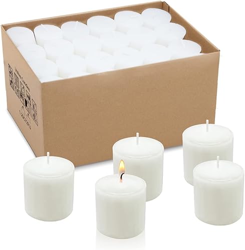 Velas votivas blancas sin perfume a granel, 36 paquetes de velas pequeñas de cera de 1.5 pulgadas para bodas, fiestas, vacaciones y hogar, 10 horas