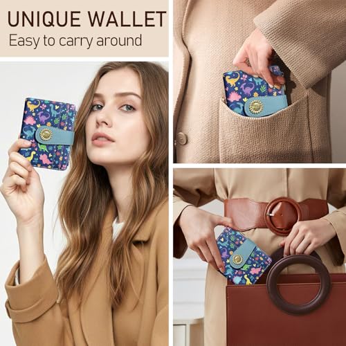 Image of Kelvoris Cute Dinosaurs Small Rfid Women Wallet Bifold Zipper Coin Pocket PU Leather Compact Cash Credit Card Holder Travel Wallet for Female Ladies Teen Girls 1 ID Window 10 Card Slots