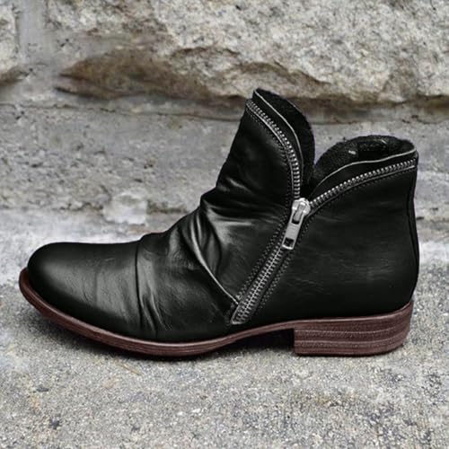 Dheva-C Women's Fashion Sneaker Booties Casual Leather Lace Up Ankle Boots Walking Shoes Arch Support Vintage Retro Round Toe Side Zip Flat Short Boots For Women Men Ladies3