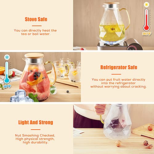 DUJUST Glass Pitcher with Lid & Spout (68 oz), Elegant Diamond Design Water Pitcher with Handle, High Durability Glass Jug for Fridge, Glass Carafe for Iced Tea/Juice/Beverage/Coffee, Room Decoration
