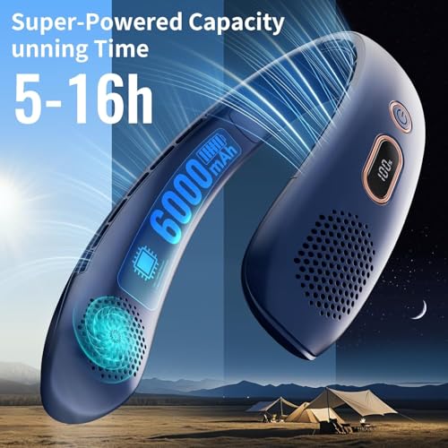 Image of VEKK Neck Fan, Portable Bladeless Fan, 6000mAh Battery USB Rechargeable, LED Display, 360 Cooling Wearable Personal Fan, 3 Speeds, Quiet, Hands Free Neck Fans for Travel, Outdoor, Camping- Blue