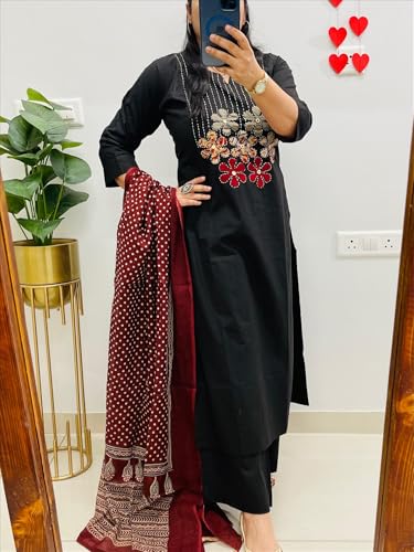Image of BHARVITA Women's Cotton Embroidered Anarkali Kurta and Palazzo with Dupatta Set | A-line fit