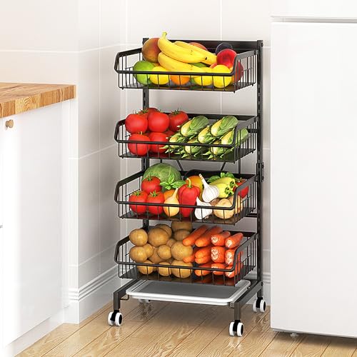 Goderewild 4-Tier Kitchen Snack Cart with Wheels – Versatile Rolling Storage Cart for Pantry, Utility Rooms – Adjustable Metal Wire Fruit & Vegetable Basket Rack (Black Without cart Handle, 4-Tier)