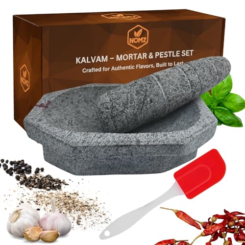 Image of NOMZ Stone Mortar and Pestle Set (Kalvam) 7 Inch, 2.5 Kg, 3 /4 Cup | Handmade Silbatta for Chutney and Masala | Heavy Duty Khalbatta with Anti-Skid Base