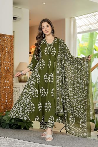 Image of PARTHVI Women's Pure Cotton Block Printed Ethnic Wear Kurta & Palazzo Pants & Dupatta Set